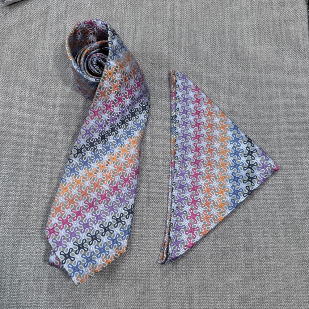 Dona Silk Necktie and Pocket Square Set Orange Purple Blue Geometric Pattern 60"